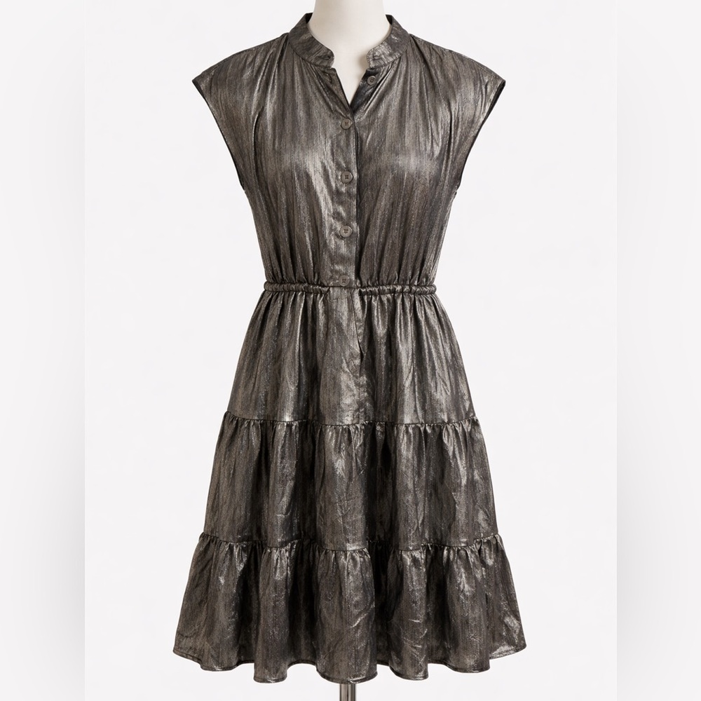 Rebecca Minkoff Dark Silver Metallic Tiered Dress | XXS | NWT